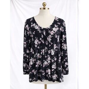 Croft & Barrow Popover Top XXL Black Pink Floral 3/4 Sleeve Smocked Flowy Office